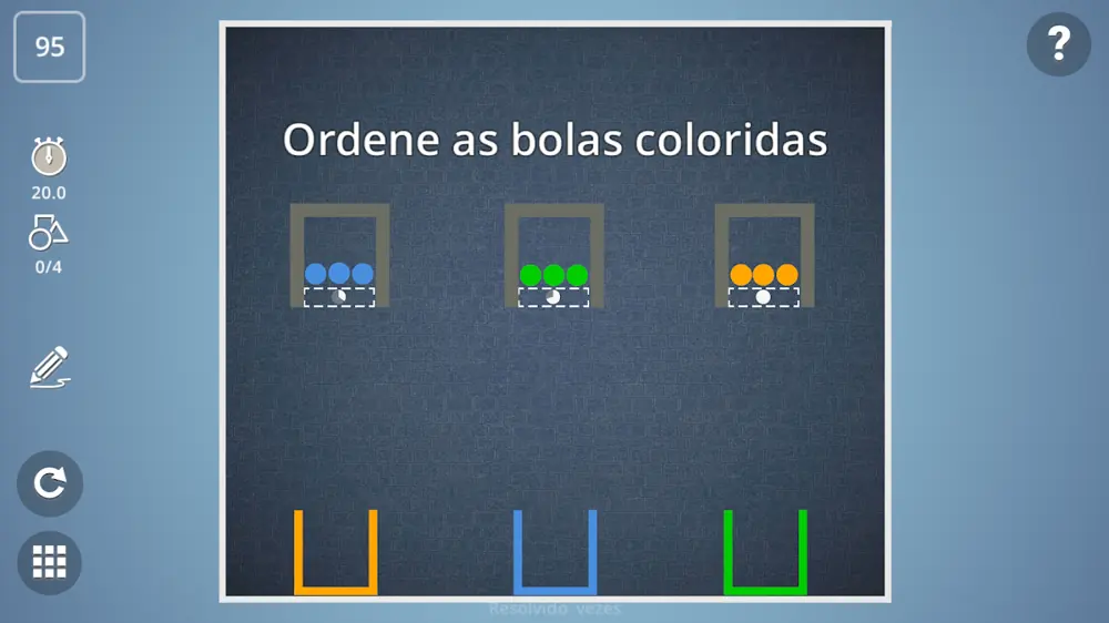Ecrã de Brain It On!: o desafio 'Ordene as bolas coloridas', com bolas azuis, verdes e laranja em caixas e três suportes em baixo